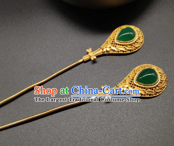 China Handmade Hair Accessories Traditional Gilding Silver Hairpin Ancient Empress Chrysoprase Hair Stick Classical Hanfu Headpiece
