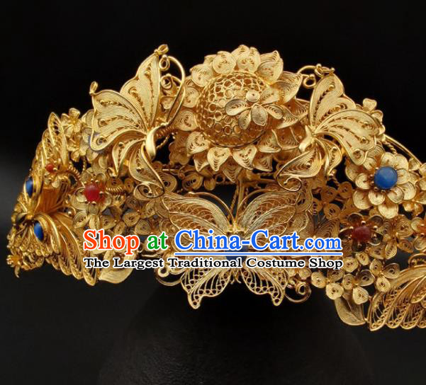 Chinese Traditional Wedding Hair Accessories Ancient Empress Phoenix Coronet Classical Gilding Butterfly Hair Crown Handmade Ming Dynasty Headpiece