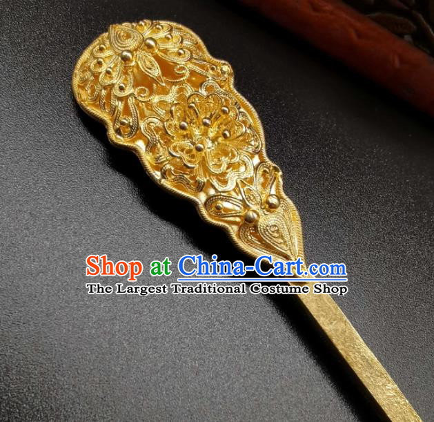Chinese Handmade Tang Dynasty Headpiece Traditional Wedding Hair Accessories Ancient Empress Golden Hairpin Classical Gilding Hair Stick