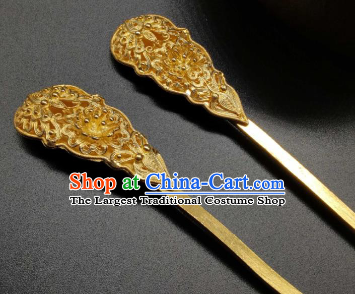 Chinese Handmade Tang Dynasty Headpiece Traditional Wedding Hair Accessories Ancient Empress Golden Hairpin Classical Gilding Hair Stick