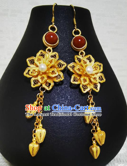 Handmade China Classical Gilding Peony Ear Accessories Cheongsam Agate Ear Jewelry Wedding Silver Earrings