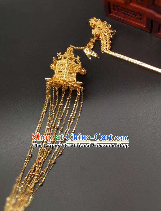 Chinese Ancient Empress Lantern Tassel Hairpin Classical Gilding Dragon Large Hair Stick Handmade Ming Dynasty Headpiece Traditional Wedding Hair Accessories