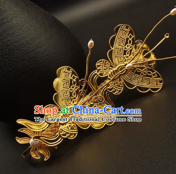Chinese Traditional Wedding Hair Accessories Ancient Empress Agate Butterfly Hairpin Classical Gilding Hair Stick Handmade Ming Dynasty Headpiece