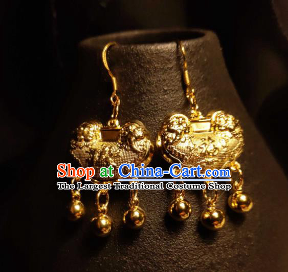 Handmade China Wedding Golden Lock Earrings Classical Gilding Ear Accessories Cheongsam Silver Ear Jewelry