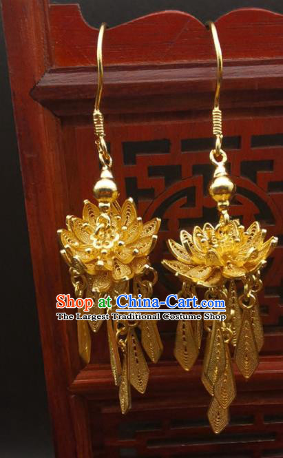 Handmade China Classical Gilding Ear Accessories Ming Dynasty Silver Ear Jewelry Wedding Golden Lotus Earrings