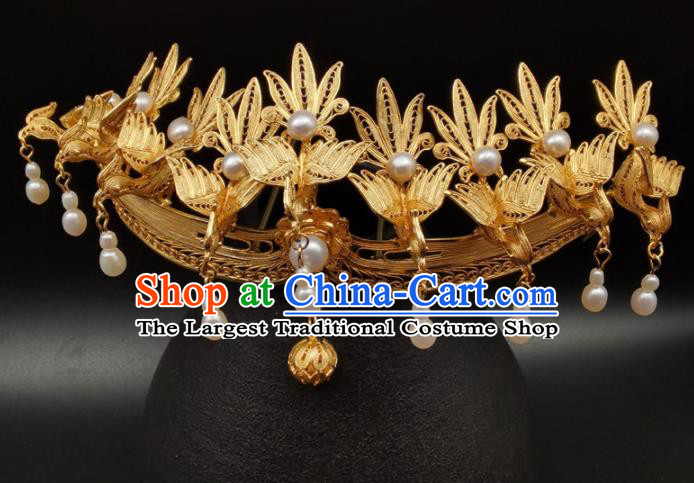 Chinese Classical Gilding Hair Crown Handmade Ming Dynasty Headdress Traditional Wedding Hair Accessories Ancient Empress Pearls Phoenix Coronet