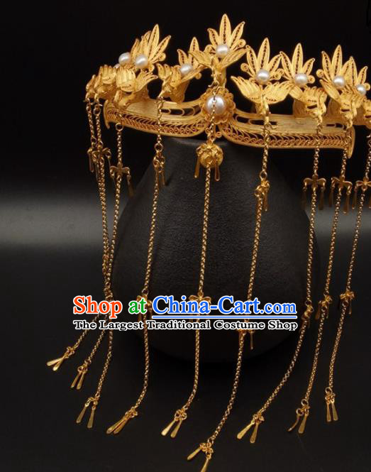 Chinese Classical Gilding Hair Crown Handmade Ming Dynasty Headdress Traditional Wedding Hair Accessories Ancient Empress Pearls Phoenix Coronet