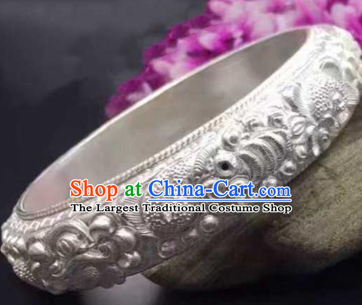 Chinese Classical Wristlet Accessories Ming Dynasty Gilding Bracelet Handmade Wedding Silver Carving Dragon Bangle