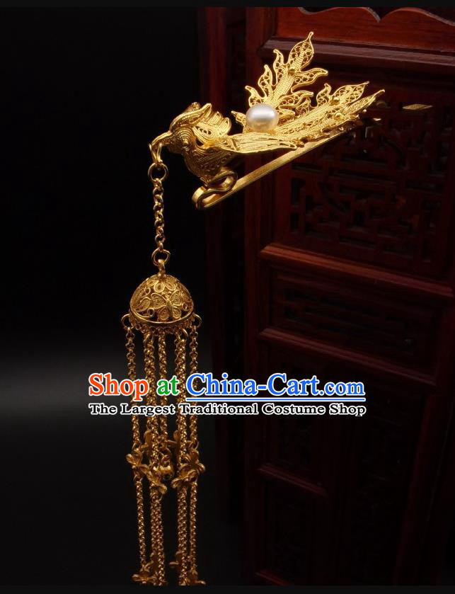 Chinese Ancient Queen Golden Phoenix Hairpin Classical Tassel Hair Stick Handmade Ming Dynasty Headpiece Traditional Wedding Hair Accessories