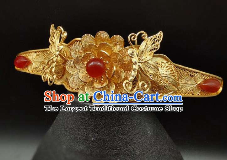 Chinese Ancient Princess Gilding Peony Hairpin Classical Hair Crown Handmade Ming Dynasty Headpiece Traditional Wedding Hair Accessories