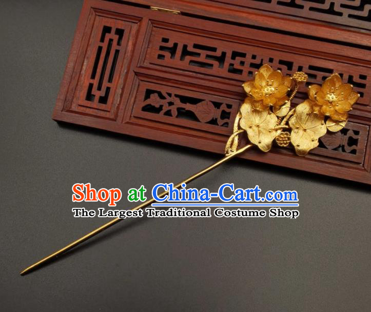 China Handmade Hair Accessories Traditional Hanfu Golden Hairpin Ancient Empress Lotus Hair Stick Classical Cheongsam Headpiece