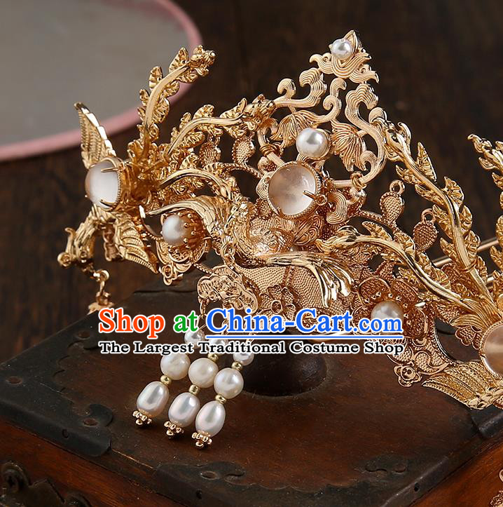 Chinese Classical Wedding Golden Phoenix Hair Crown Handmade Ming Dynasty Headpieces Traditional Hanfu Hair Accessories Ancient Empress Tassel Hairpins