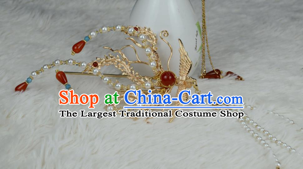 Chinese Traditional Hanfu Hair Accessories Ancient Empress Tassel Hair Stick Classical Wedding Golden Phoenix Hairpin Handmade Ming Dynasty Headpiece