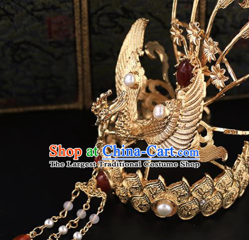 Chinese Handmade Ming Dynasty Headdress Traditional Hanfu Hair Accessories Ancient Empress Phoenix Coronet Classical Wedding Golden Hair Crown and Hairpin