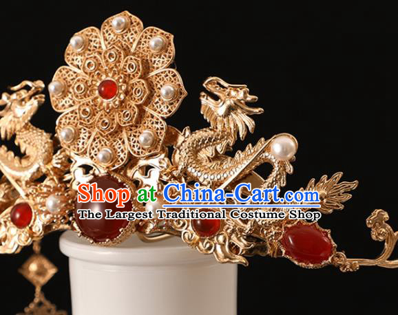 Chinese Traditional Hanfu Hair Accessories Ancient Empress Dragon Hair Crown Classical Wedding Pearls Phoenix Coronet Handmade Ming Dynasty Headdress