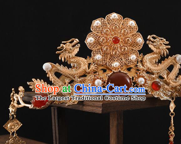 Chinese Traditional Hanfu Hair Accessories Ancient Empress Dragon Hair Crown Classical Wedding Pearls Phoenix Coronet Handmade Ming Dynasty Headdress