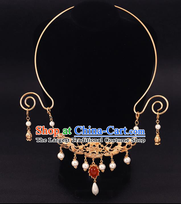 Chinese Handmade Wedding Golden Necklace Pendant Classical Jewelry Accessories Ming Dynasty Princess Necklet