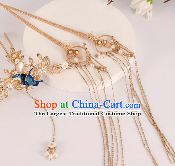 Chinese Traditional Hanfu Hair Accessories Ancient Princess Headpieces Classical Wedding Tassel Hairpins Handmade Ming Dynasty Hair Sticks