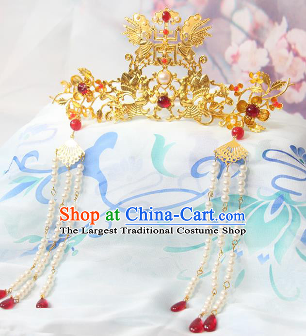 Chinese Traditional Hanfu Hair Accessories Ancient Empress Hair Crown Classical Wedding Tassel Hairpins Handmade Ming Dynasty Headpieces