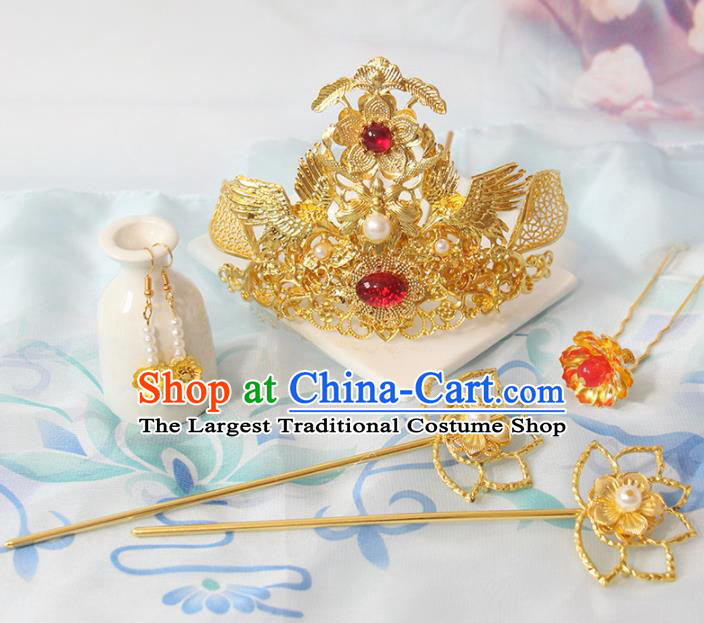 Chinese Ancient Empress Lotus Hairpins Classical Wedding Golden Hair Crown Handmade Tang Dynasty Headpieces Traditional Hanfu Hair Accessories