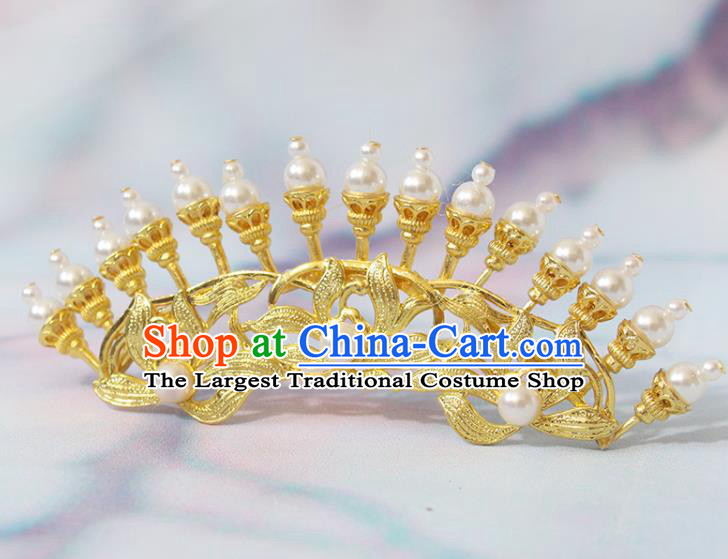 Chinese Classical Wedding Golden Orchids Hair Crown Handmade Song Dynasty Headpiece Traditional Hanfu Hair Accessories Ancient Princess Hairpin