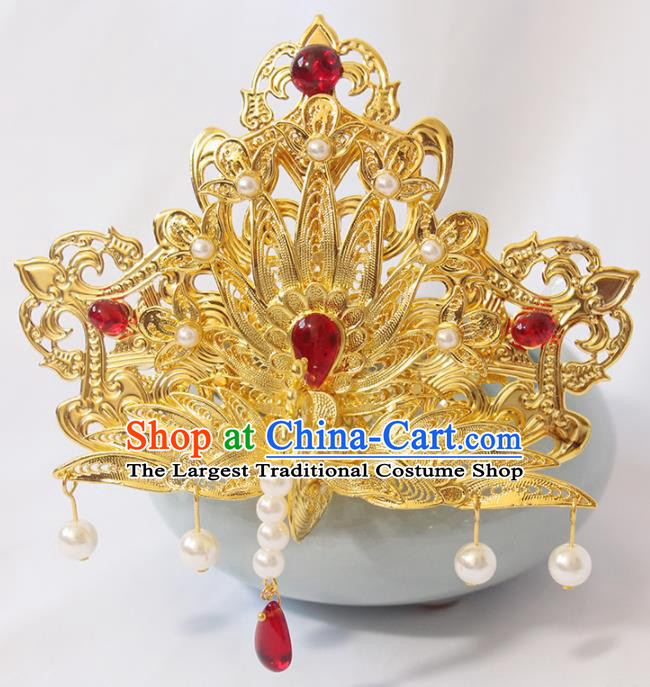 Chinese Traditional Hanfu Hair Accessories Ancient Princess Golden Phoenix Hairpin Classical Wedding Hair Crown Handmade Ming Dynasty Headpiece
