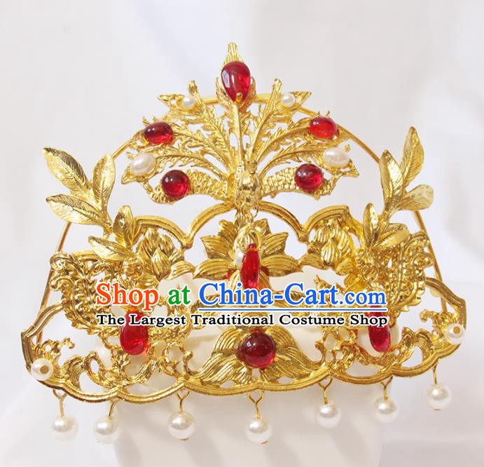 Chinese Handmade Ming Dynasty Headpiece Traditional Hanfu Hair Accessories Ancient Princess Golden Phoenix Hairpin Classical Wedding Hair Crown