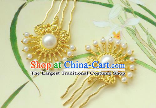 Chinese Traditional Hanfu Hair Accessories Ancient Princess Golden Hairpin Classical Wedding Hair Comb Handmade Tang Dynasty Headpiece