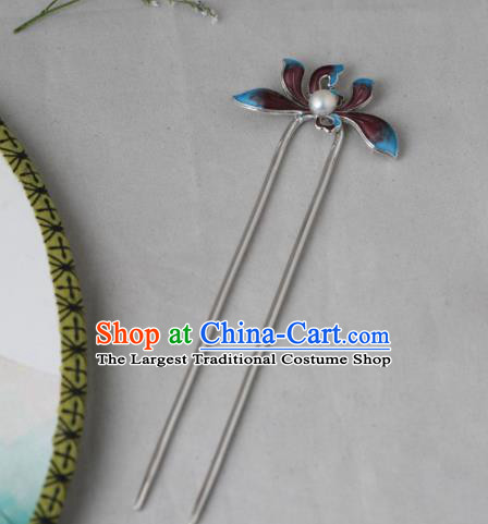 Chinese Classical Enamel Lotus Hair Stick Cheongsam Headpiece Traditional Hair Accessories Handmade Silver Hairpin