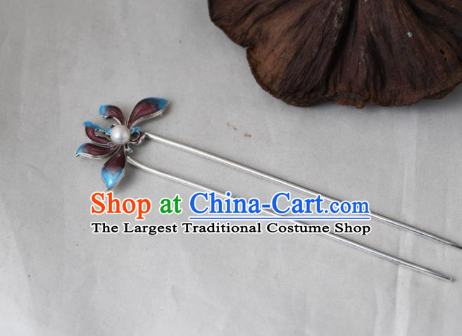 Chinese Classical Enamel Lotus Hair Stick Cheongsam Headpiece Traditional Hair Accessories Handmade Silver Hairpin