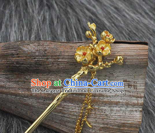 Chinese Handmade Silver Plum Hairpin Classical Golden Tassel Hair Stick Cheongsam Headpiece Traditional Hair Accessories