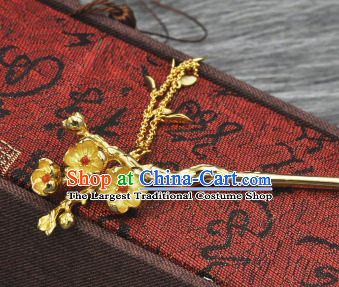 Chinese Handmade Silver Plum Hairpin Classical Golden Tassel Hair Stick Cheongsam Headpiece Traditional Hair Accessories