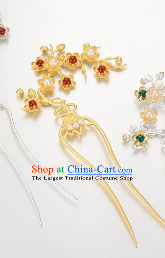 Chinese Traditional Hair Accessories Handmade Silver Plum Hairpin Classical Golden Hair Comb Cheongsam Headpiece