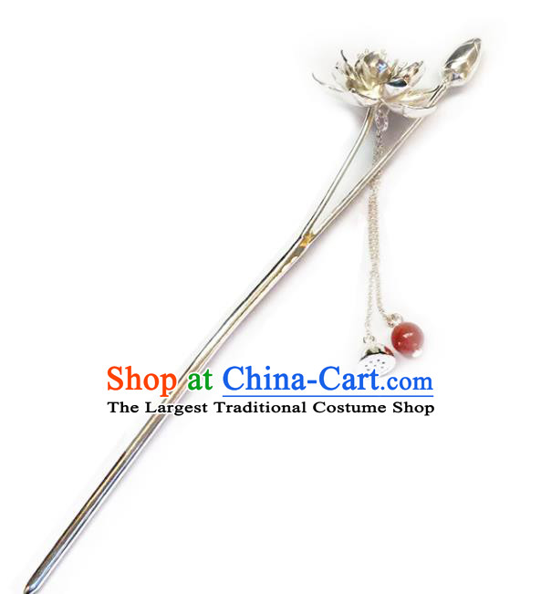 Chinese Cheongsam Headpiece Traditional Hair Accessories Handmade Silver Tassel Hairpin Classical Carving Lotus Hair Stick