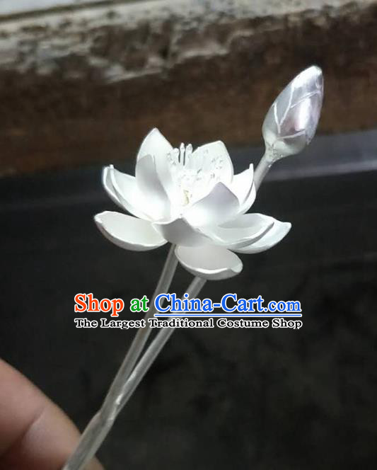 Chinese Cheongsam Headpiece Traditional Hair Accessories Handmade Silver Tassel Hairpin Classical Carving Lotus Hair Stick