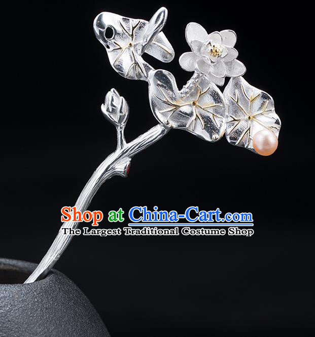 Chinese Handmade Silver Lotus Hairpin Classical Pearl Hair Stick Cheongsam Headpiece Traditional Hair Accessories