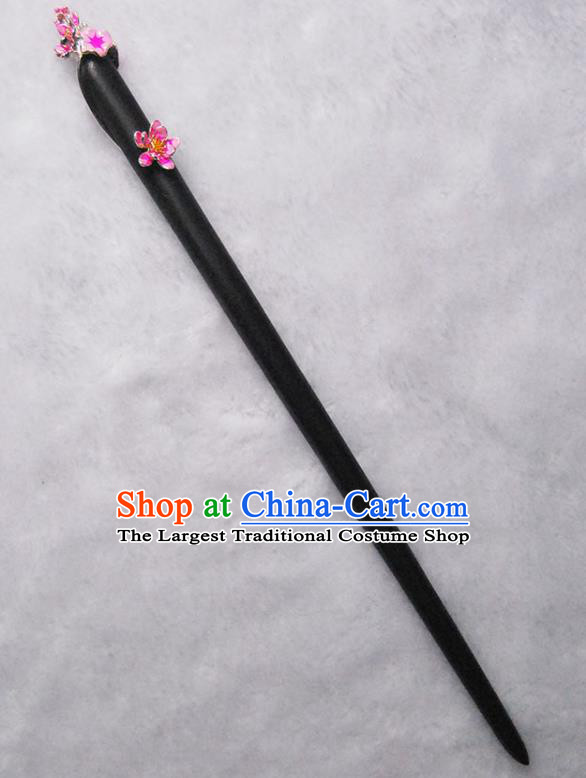 Chinese Classical Ebony Hair Stick Cheongsam Headpiece Traditional Hair Accessories Handmade Enamel Red Lotus Hairpin