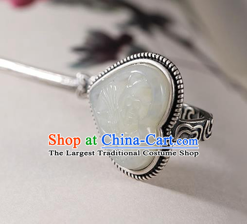 Chinese Cheongsam Headpiece Handmade Silver Hairpin Traditional Hair Accessories Classical Hetian Jade Hair Stick