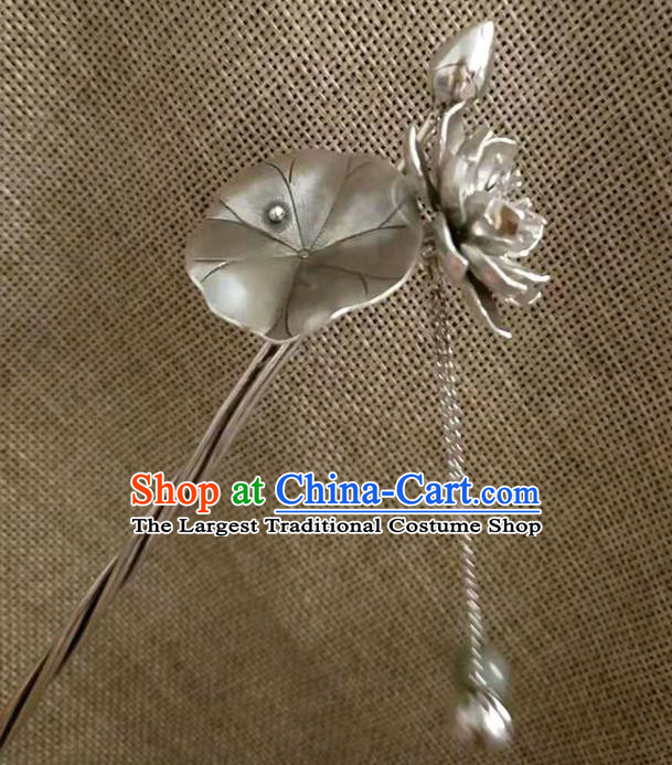Chinese Classical Silver Lotus Tassel Hair Stick Cheongsam Headpiece Handmade Hairpin Traditional Hair Accessories
