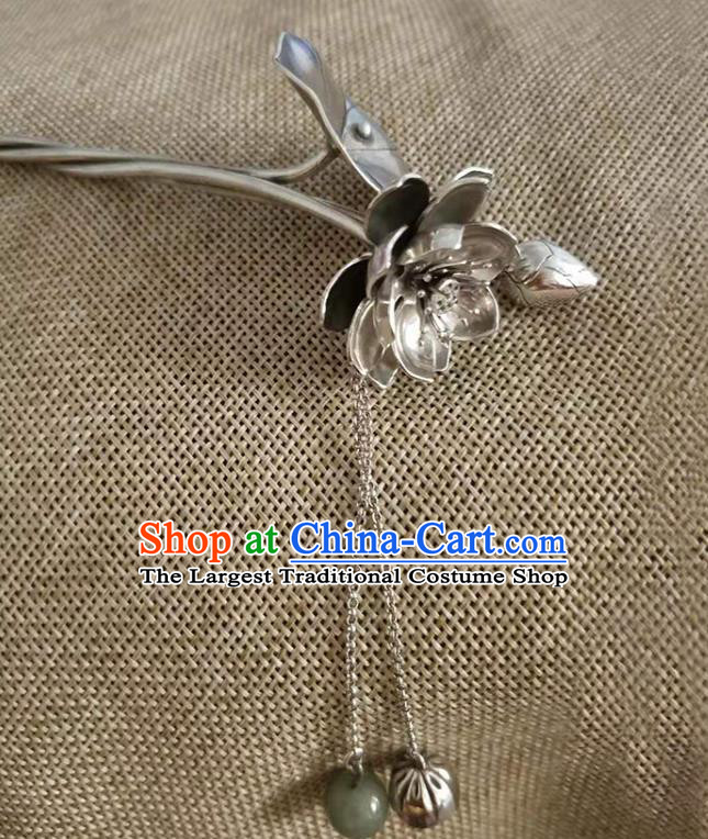 Chinese Classical Silver Lotus Tassel Hair Stick Cheongsam Headpiece Handmade Hairpin Traditional Hair Accessories