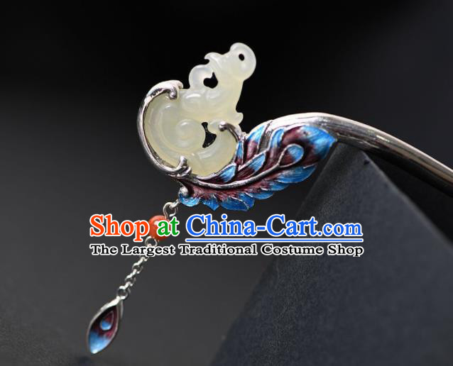 Chinese Cheongsam Headpiece Handmade Jade Phoenix Hairpin Traditional Hair Accessories Classical Cloisonne Silver Hair Stick