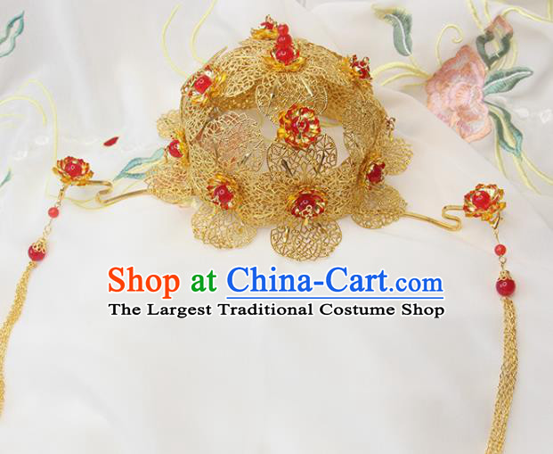 Chinese Handmade Tang Dynasty Headdress Traditional Court Hair Accessories Ancient Princess Hair Crown Classical Wedding Lotus Tiara