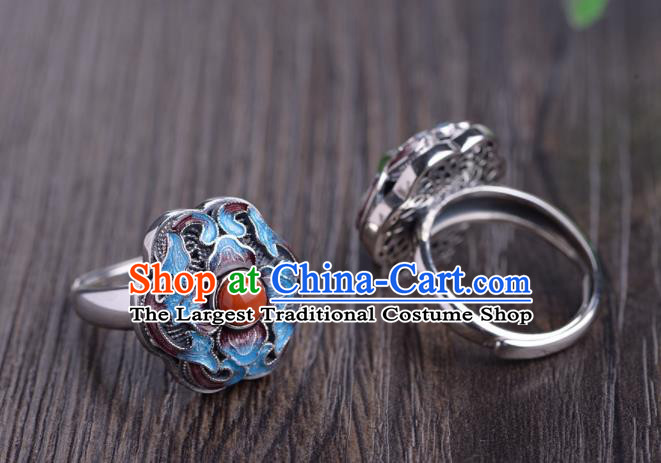 Chinese Handmade Cloisonne Ring Classical Silver Jewelry Accessories Cheongsam Agate Finger Circlet