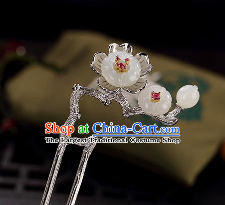 Chinese Cheongsam Accessories Headpiece Handmade Silver Hairpin Traditional Hair Jewelry Classical Jade Plum Hair Stick