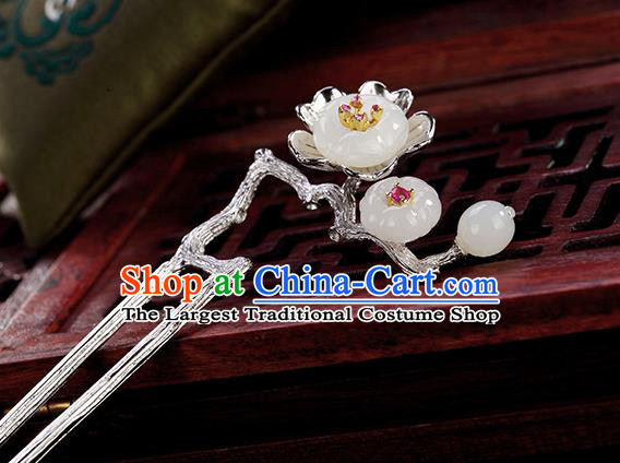 Chinese Cheongsam Accessories Headpiece Handmade Silver Hairpin Traditional Hair Jewelry Classical Jade Plum Hair Stick