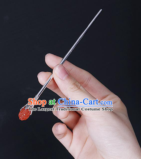 Chinese Traditional Hair Accessories Classical Silver Hair Stick Cheongsam Headpiece Handmade Agate Mangnolia Hairpin