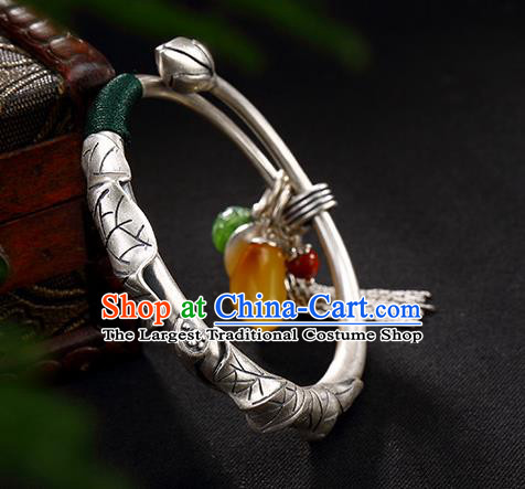 Chinese Cheongsam Wristlet Accessories Handmade Carving Lotus Bracelet Classical Silver Bangle Jewelry