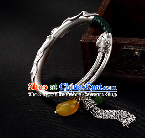 Chinese Cheongsam Wristlet Accessories Handmade Carving Lotus Bracelet Classical Silver Bangle Jewelry