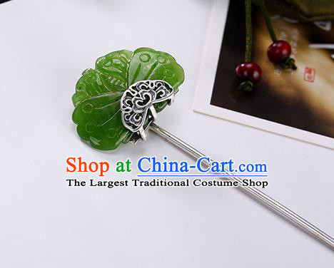 Chinese Classical Jade Butterfly Hair Stick Cheongsam Accessories Headpiece Handmade Silver Hairpin Traditional Hair Jewelry