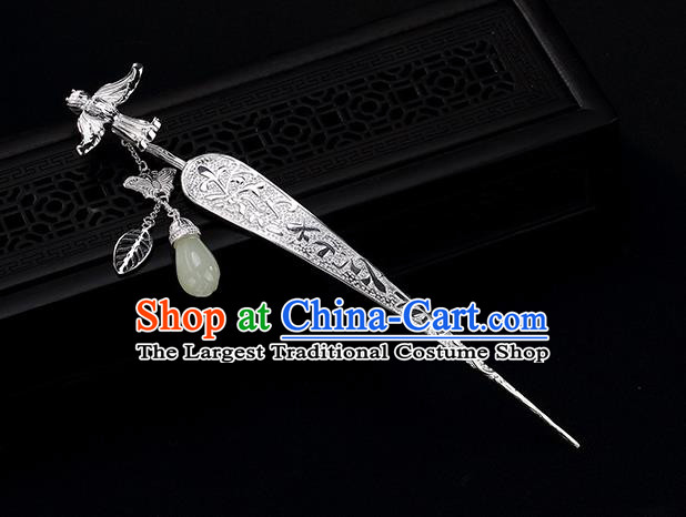 Chinese Traditional Hair Jewelry Classical Jade Mangnolia Tassel Hair Stick Cheongsam Accessories Headpiece Handmade Silver Hairpin